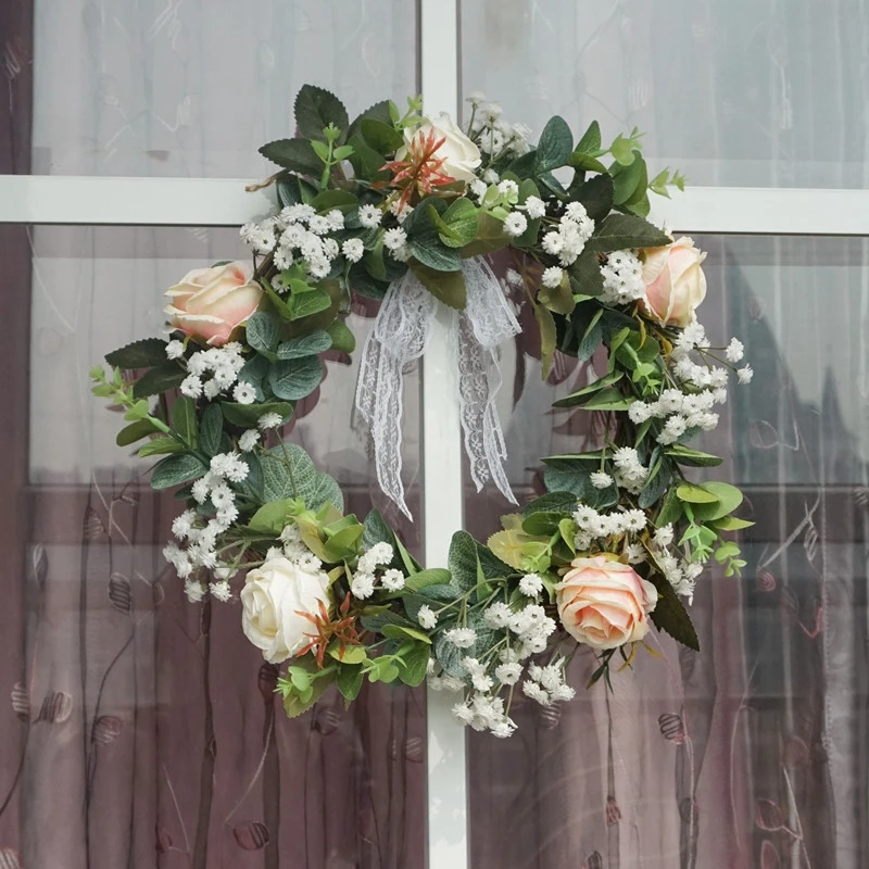 Christmas Silk Peony Rose Artificial Flowers Wreath Door High Quality Artificial Garland For Wedding decoration Home Party Decor - Цвет: D pink green38cm