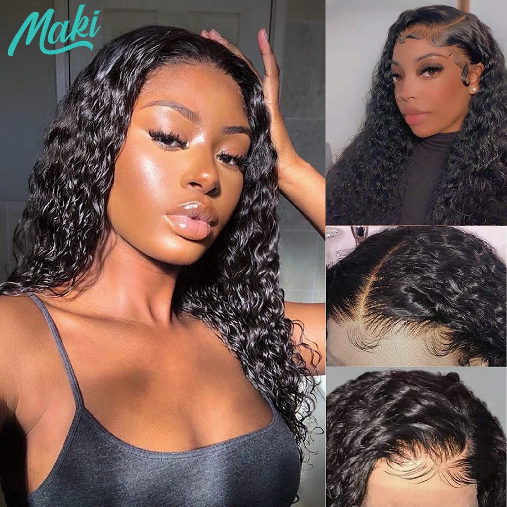 

MAKI Long Kinky Curly Wig 13x4 Lace Front Wig Frontal Human Hair Wigs Brazilian Remy Pre Plucked 150% Density