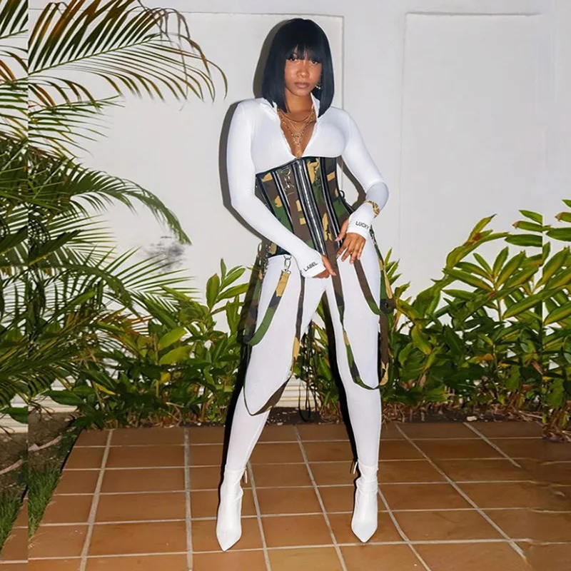 Cotton Camouflage Plaid Zip-Up Corset With Strap Women Waist Shaping Autumn Skinny Jumpsuit Matching Wear Cool Streetwear