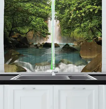 

Waterfall Kitchen Curtains Majestic Cascade Down to River Deep Down in The Forest Natural Wonders Photo Window Drapes