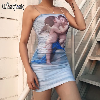 

Waatfaak Angel Print Slash Neck Mesh Mini Dress Sexy Blue Ruched Party Club Spaghetti Bodycon Dress Women Slim Stretch 2020