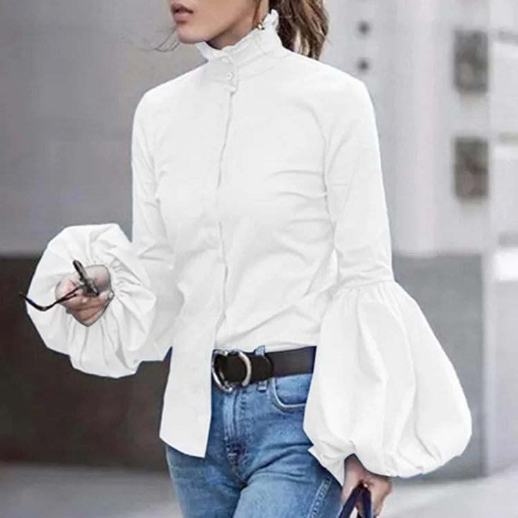 ELSVIOS, осенняя элегантная офисная блуза с длинным рукавом и фонариком,, женская уличная рубашка со стоячим воротником, Женские однотонные облегающие Модные топы - Цвет: White