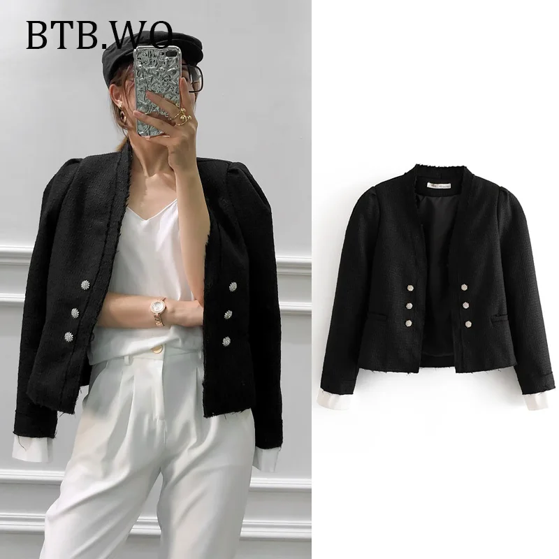 

Autumn Womens Black Tweed Jackets Plaid Coats Small Fragrance Long Sleeve Elegant England style Jackets Open Stitch Outerwear