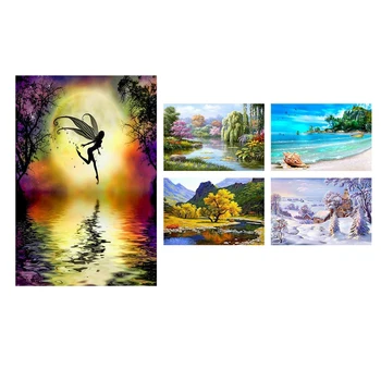 

5 Set 5D Diamond Painting Rhinestone Cross Stitch Kits - 1 Set Butterfly Fairy Moon Lake & 4 Set Four Seasons Landscape