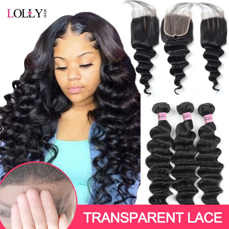 HD Transparent Lace Closure with Bundles Brazilian Loose Deep Wave Bundles with Closure Lolly Human Hair Bundles with Closure