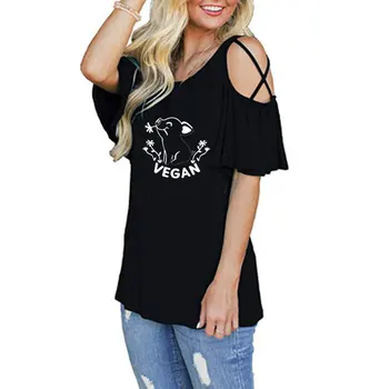 

Vegan T-Shirt Women eat fruit not friends print O neck Off shoulder short sleeve T-shirt