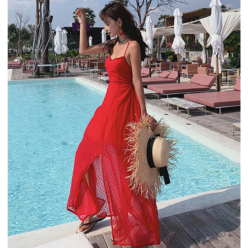 Women Maxi Red Backless Straps Dress Elegant Summer Casual Vacation Tropical Long Beach Dress Vintage Korean Runway 2020 Vestido
