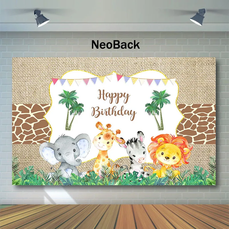 

NeoBack Jungle Animals Happy Birthday Backdrop Cute Elephant Lion Photo Background Child Birthday Party Background Photography