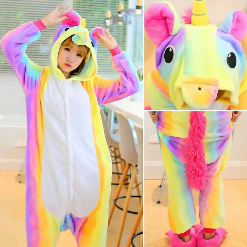 Totoro Fiishimi Onesie для взрослых женщин животных пижамы костюм фланель теплая мягкая Пижама цельная зимняя Пижама Косплей - Цвет: Rainbow tianma