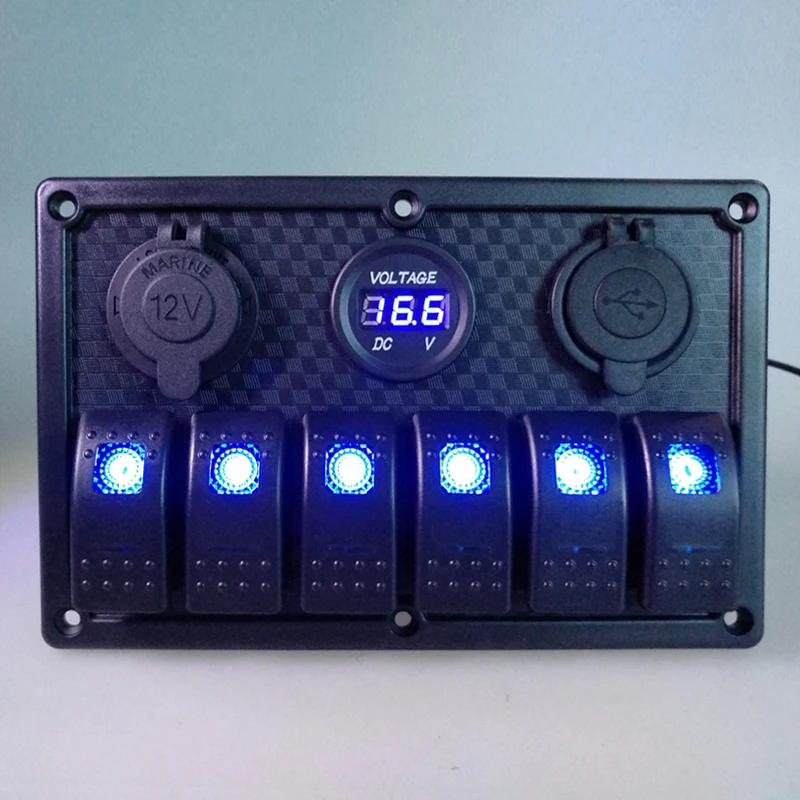  ABS 12V 24V 6 Gang Blue LED Rocker Switch Panel Circuit Breaker 3.1A Dual USB Port 12V 24V Waterpro - 32932812234