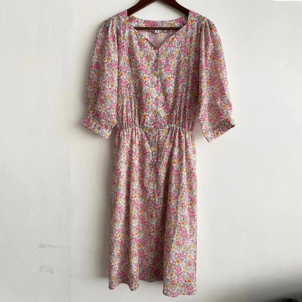 Женское платье до колена с рукавами фонариками цветочным принтом в стиле ретро