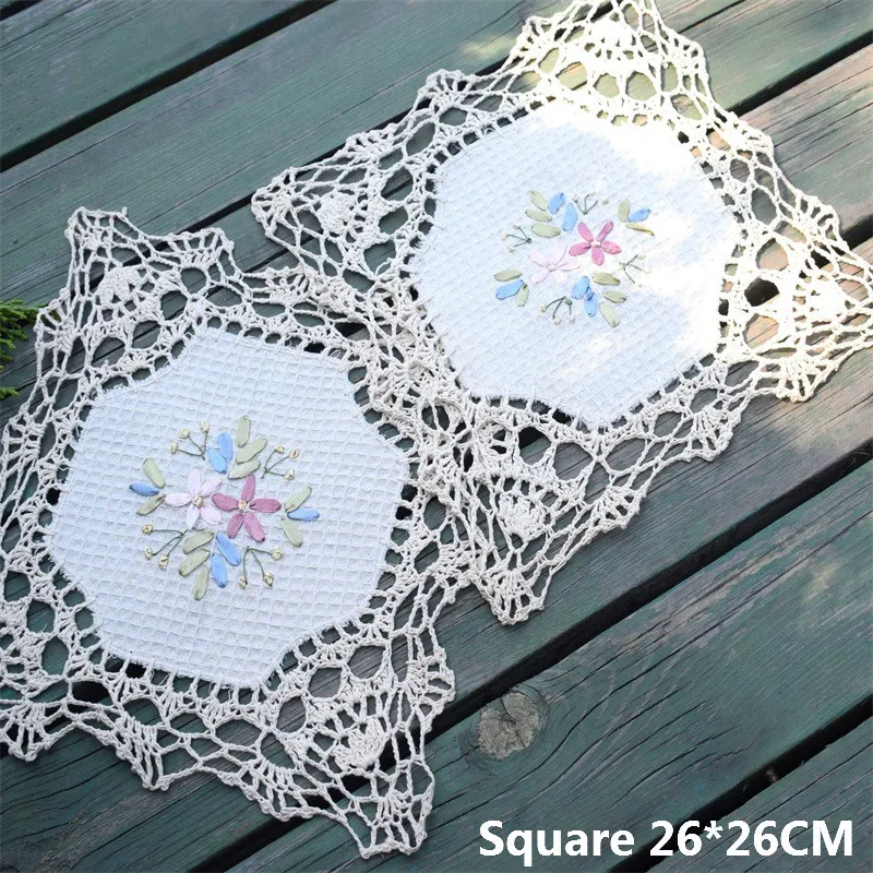 

Vintage Crochet Lace Table Dinner Mats 3D Handmade Flowers Christmas Cloth Placemat Mug Coffee Coasters Decorative Tea Towels