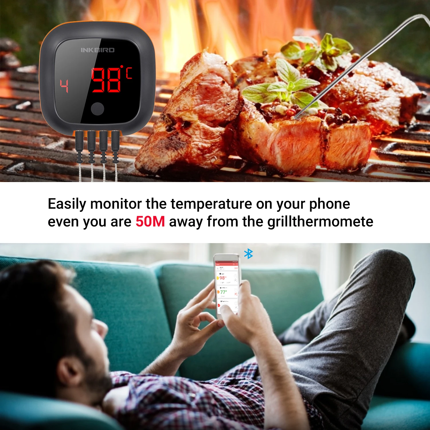 Bluetooth Meat Thermometer INKBIRD IBT/4XS Barbecue Cooking Rechargeable  Battery