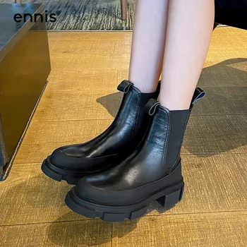 

ENNIS Gothic Platform Boots Round Toe Genuine Leather Flat Boots Women Slip On White Booties Black Martin Shoes Designer A0177