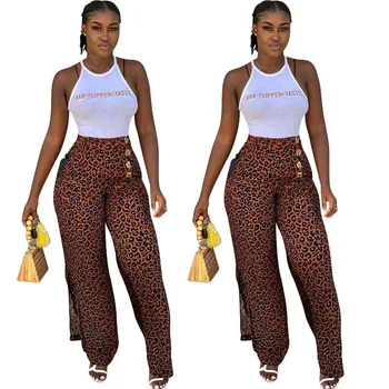 

2020 Summer New Luxury Brand Design Women Two Piece Set Leopard Print Wide Leg Pants Sexy Mini Tee Tops Vest Elelgant Female Set