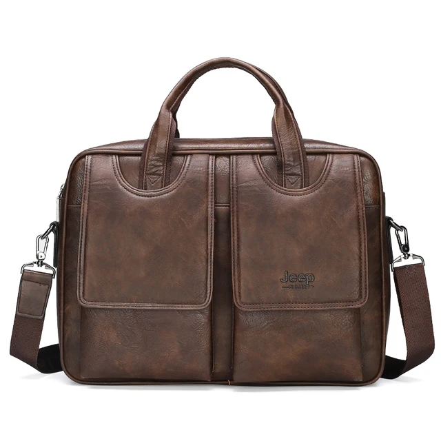JEEP BULUO Men's Bags Briefcase Travel Easy To Carry Multifunctional Large Handbag 14-inch Computer Split Leather Man Big Bag 1800 Brown