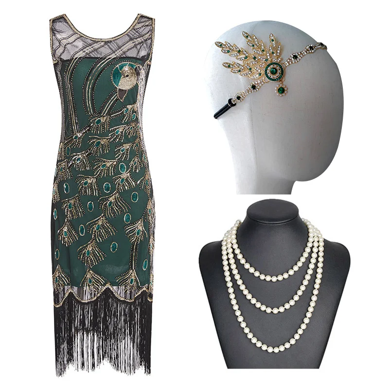1920s отличная Хлопушка в стиле Гэтсби платье Вечерние вечернее блестящее Расшитое бисером бахрома Женская 20s платья платье(золото, бежевый, винно-красный, s-xxl - Цвет: Green Set