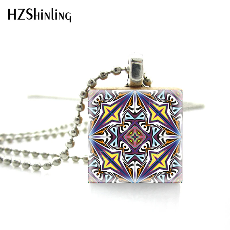 

Vintage Mosaic Tile Mandala Patterns Print Wooden Scrabble Tile Necklace Hand Craft Pendants Jewelry Ball Chain Necklace