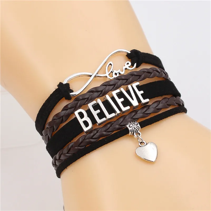 Believe Infinity & Love charm мужские кожаные браслеты с плетеным многослойным браслетом для