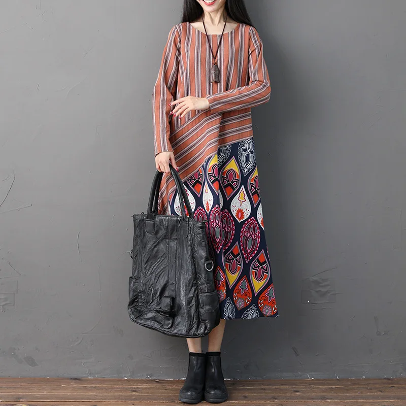 

2019 Spring New Style Stripes Joint Cotton Linen Printed Dress Women's Ethnic-Style Large Size Loose-Fit Flax Long-sleeved Dress