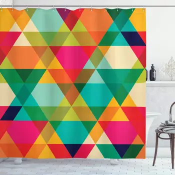 

Geometric Shower Curtain, Abstract Geometric Pattern Vintage Inspired Retro Colors Old Style Graphic Art, Cloth Fabric Bathroom