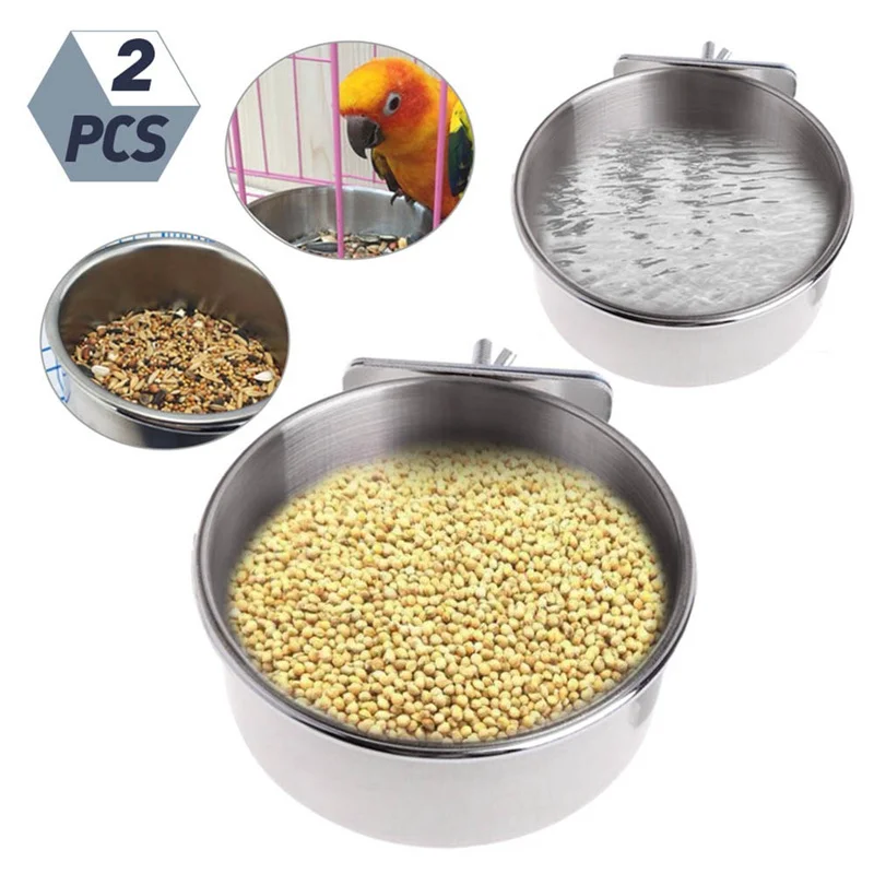 2pcs Stainless Steel Bird Feeding Bowl Pet Bird Hanging Food Box Reusable Parrot Myna Pigeon Food Box Pet Tool Set