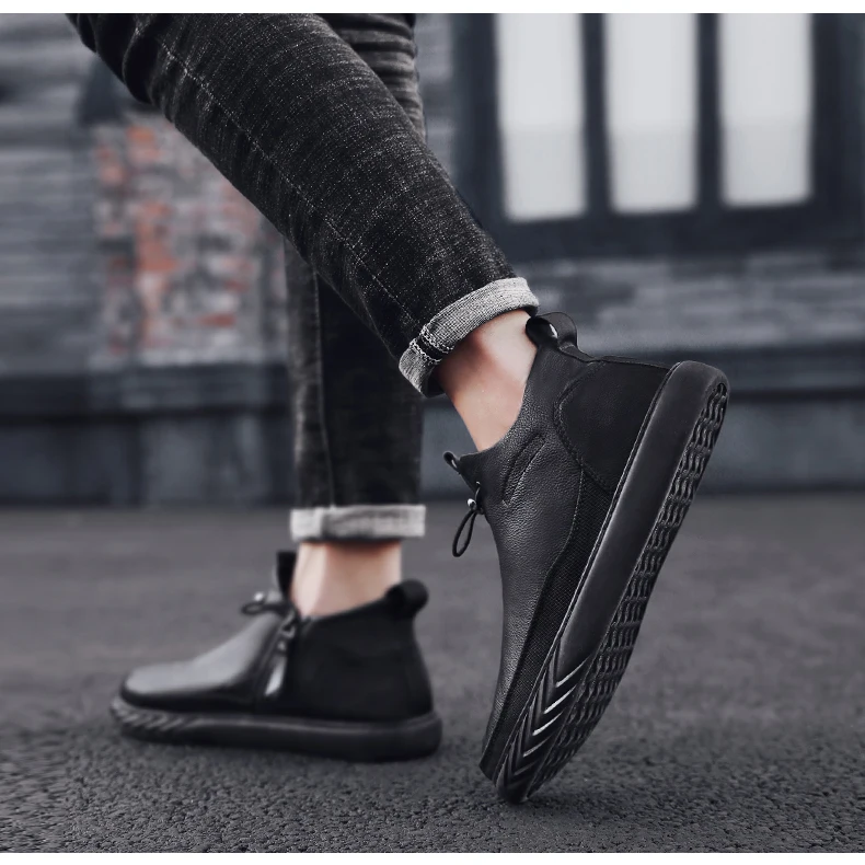 ZSAUAN модные мужские ботинки на платформе в Корейском стиле; кожаные повседневные эластичные лоферы на шнурках; мужские ботинки; сезон осень-зима; Цвет Черный