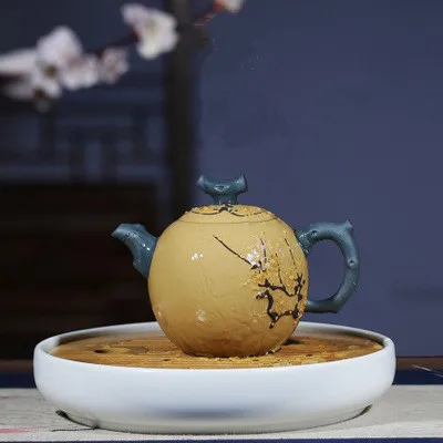 

Yixing Original Purple Sand Teapot Full Manual Section Mud Painted Decals Plum Purple Pot Kung Fu Black Tea Dahongpao Teaware