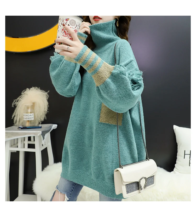 HF19507 Green H. SA зимний свитер и джемперы Длинные Стильные джемперы с воротником-фонариком свободные свитера Свободный пуловер Топы - Цвет: HF19507 Green