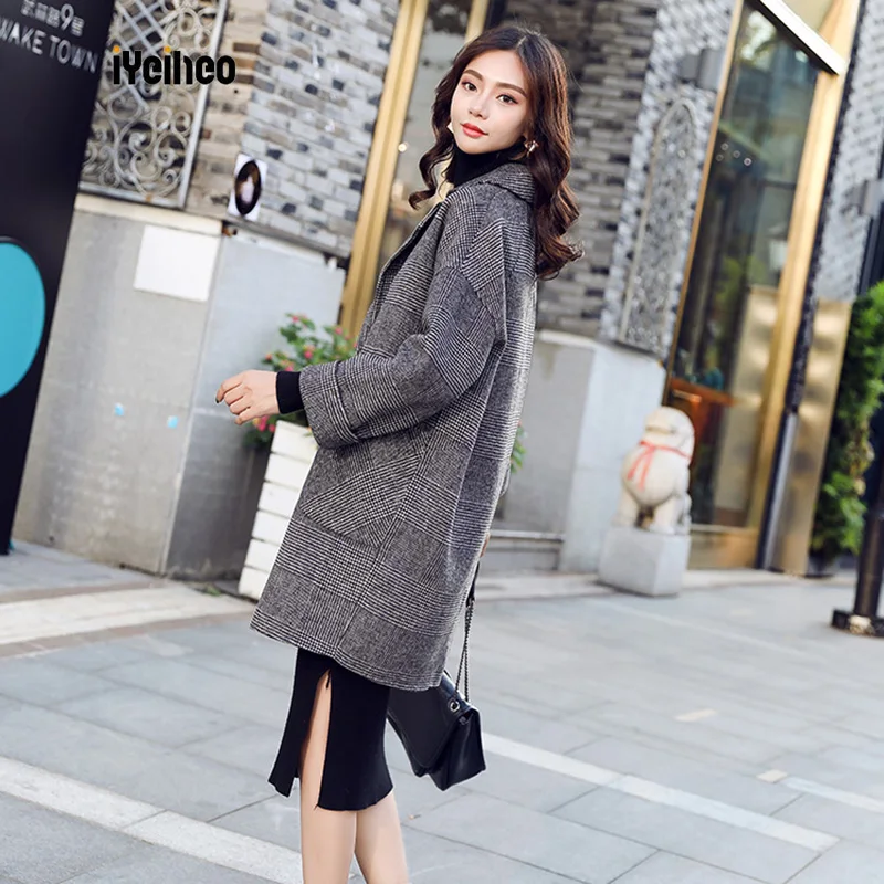 Плед шерстяное пальто женщина осень и зима мода классический черный белый плед свободные случайные шерстяные смеси верхняя одежда