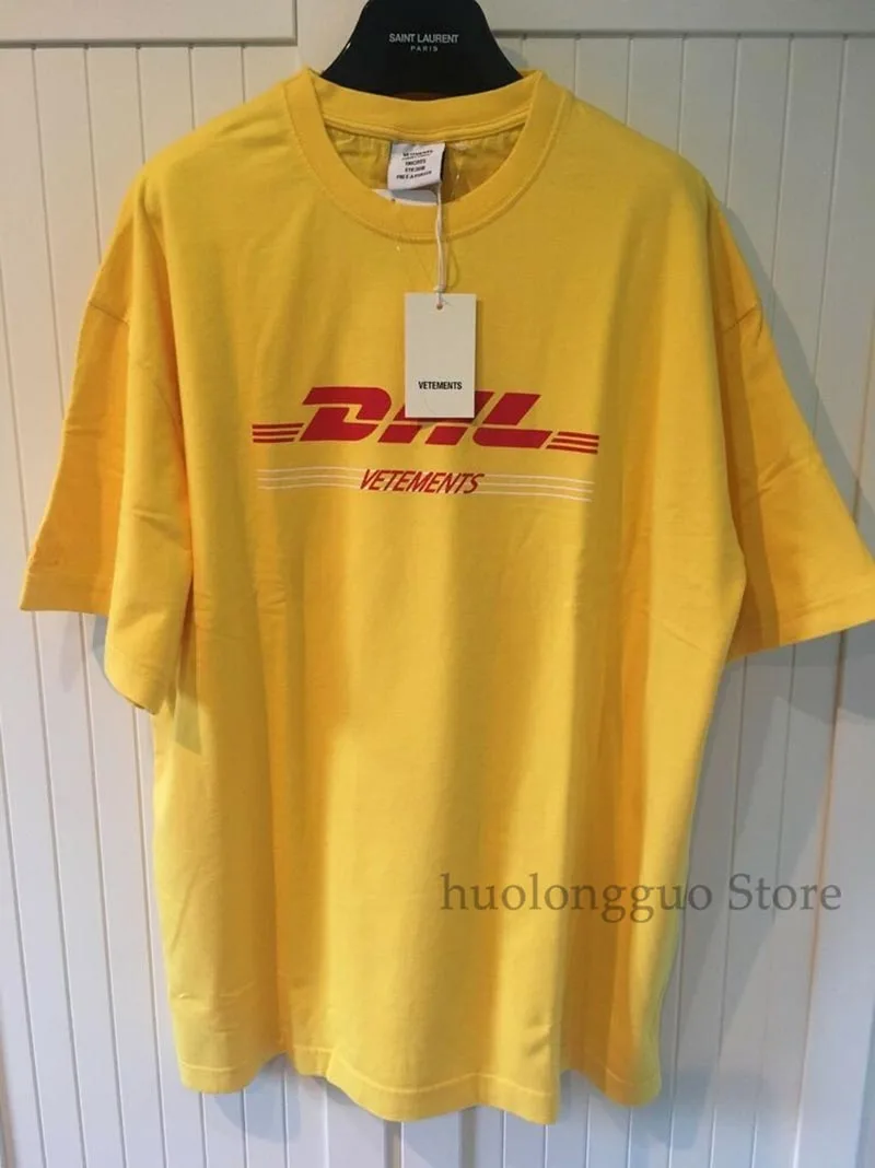 NWT SS'18 VETEMENTS желтый 'DHL' двойная Футболка L хлопок мужская футболка Женские топы футболки повседневные футболки с коротким рукавом