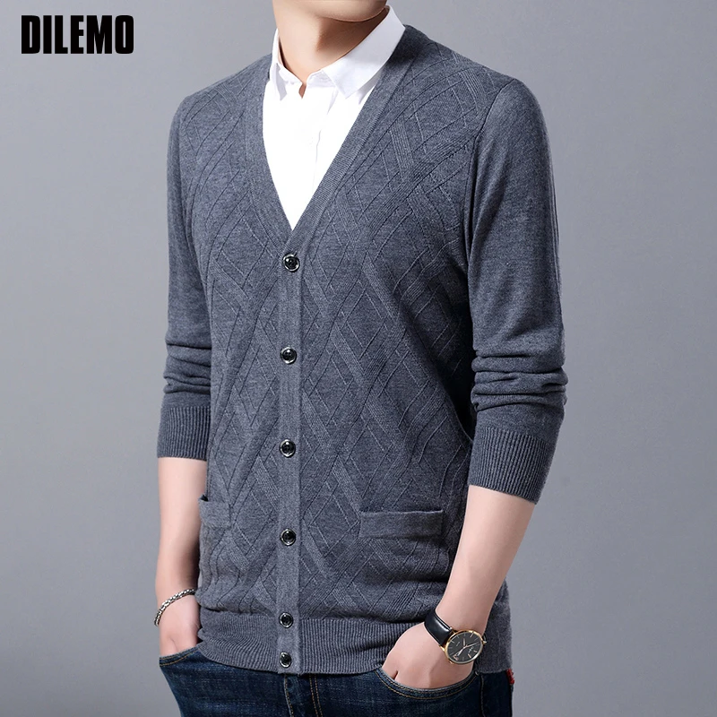Модный бренд 6% шерстяной свитер, мужской кардиган приталенный v-образный вырез вязаные Джемперы жаккард Зимняя Повседневная мужская одежда
