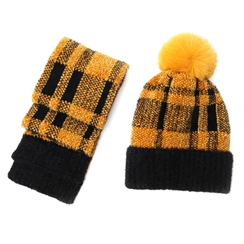 

Plaid Scarf Set Winter Warm Wool Hat Plus Velvet Girl Hat Set