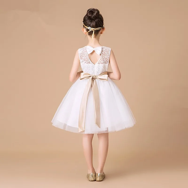 Белое кружевное платье для девочек вечерние платье с открытой спиной, с бантом, платье для первого причастия, платье для торжеств для девочек, платье принцессы платье с цветочным узором для девочек для свадебного торжества