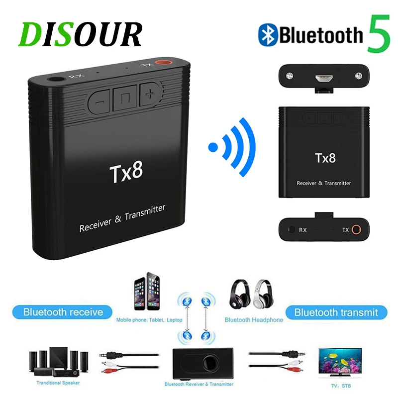 DISOUR TX8 5,0 Bluetooth приемник передатчик с кнопкой регулировки громкости 2 в 1 аудио беспроводной адаптер 3,5 мм AUX для автомобиля ТВ ПК