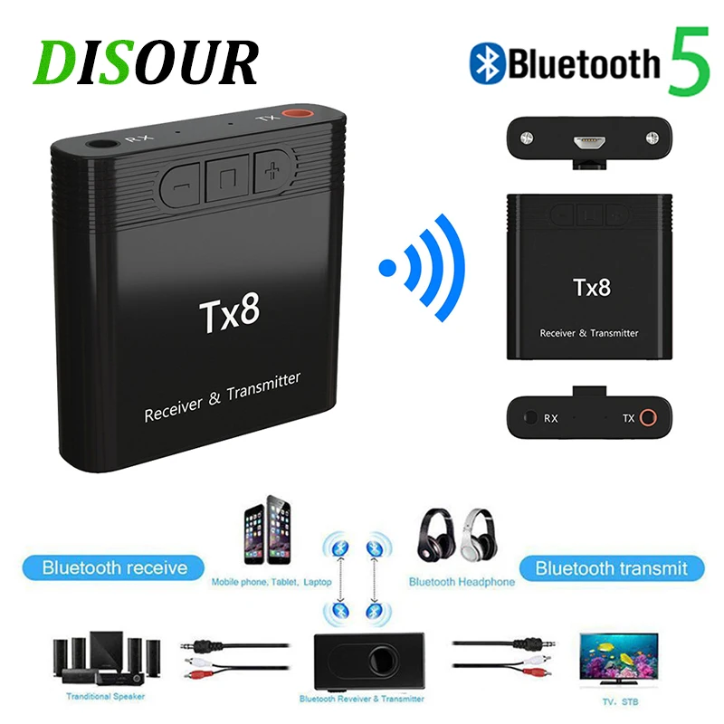 Приемник передатчик Bluetooth DISOUR TX8 5 0 с кнопкой регулировки громкости 2 в 1
