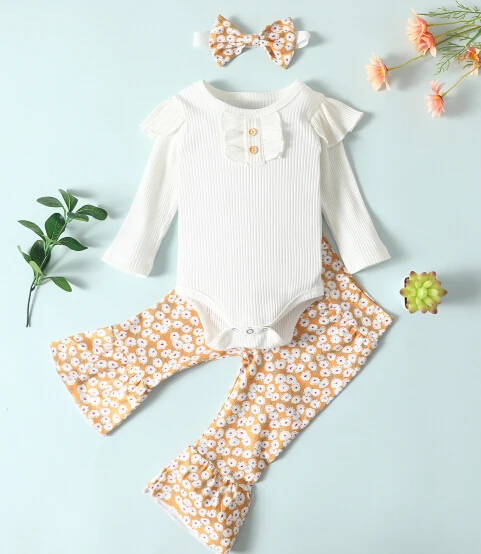 

Baby's Clothing Set, Long Sleeve Romper and Print Daisy Pants and Headwear Three-piece Suit for Toddler Boys Girls
