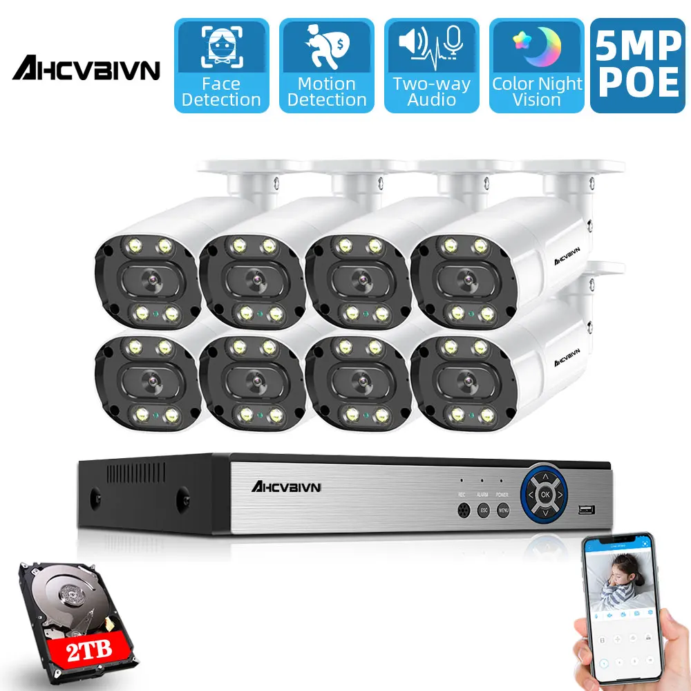 

5MP HD Color Night Vision CCTV Security Camera System for Home H.265 8ch NVR Kit 5MP POE Video Surveillance Camera CCTV System