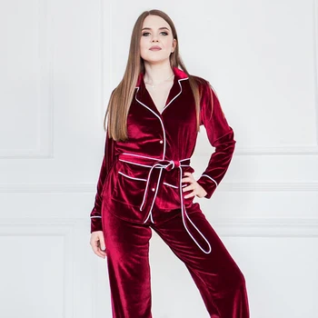 

HiLoc Solid Winter Women Pajama With Sashes Long Sleeve Sleepwear Warm Home Suit Two Piece Set Top And Pants Thick Pajamas Set