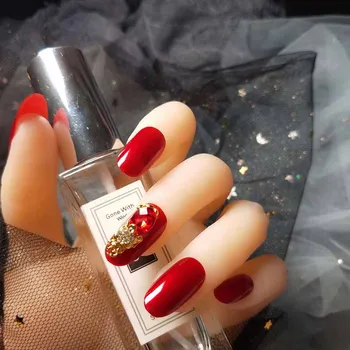 

24 pieces press on nails Wedding Noble Red Wine Diamond Decorated Manicure 3D Long Faux Nails Tips with Glue for lady