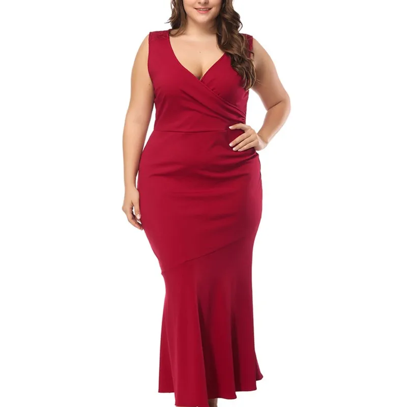 

Long Women Dress Sleeveless Elegant Summer Evening Party Female Dresses Plus Size V-neck Bodycon Vestidos Red Office Lady Dress