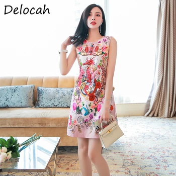 

Delocah Women Summer Fashion Runway Short Dress Sleeveless Crystal Crystal Floral Print Female Party A-Line Dresses vestidos
