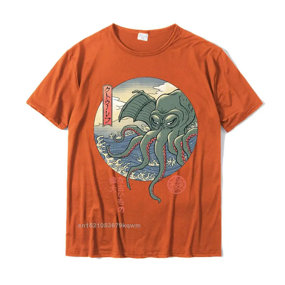 Cthulhu Ukiyo-e Premium T-Shirt__3232 Short Sleeve Tees Crew Neck All Cotton Men T-shirts Normal Tee-Shirts Dominant Cthulhu Ukiyo-e Premium T-Shirt__3232 orange