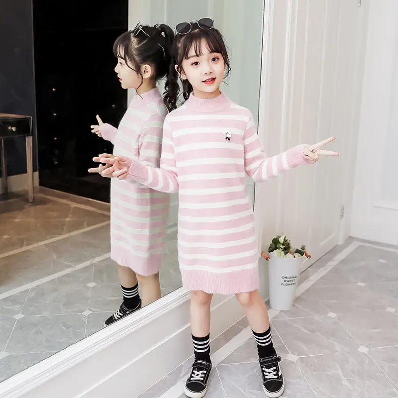 

Korean Style Baby Girl Cable Knit Sweater New Year Kids Knitted Pullover Wool Sweater Long Sleeve Girl Stripe Knit Sweater Dress