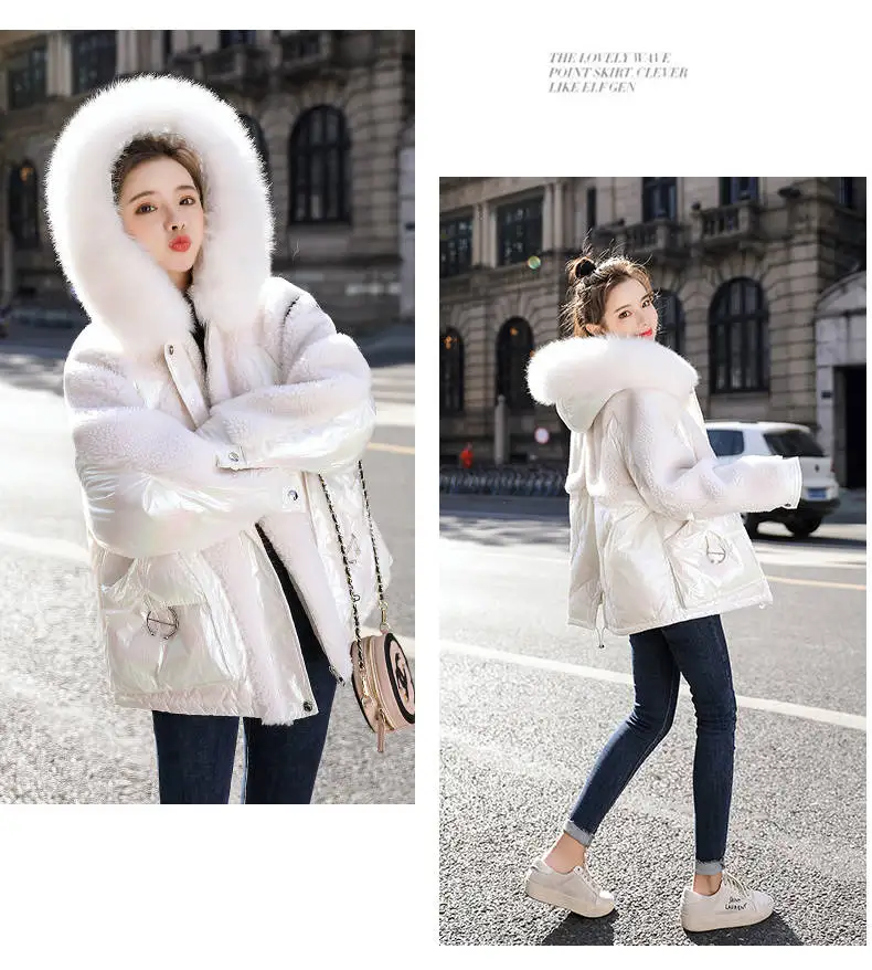 Женская зимняя короткая куртка из овечьей шерсти с капюшоном, пальто, модные парки с большим меховым воротником