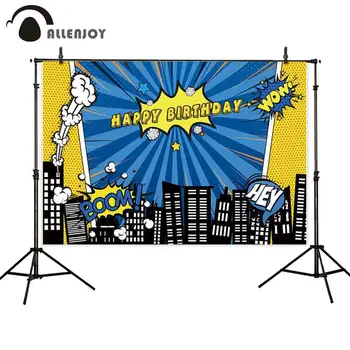 

Allenjoy Happy Birthday Backdrop Night Cityscape Stripe Stars Boom Hey Wow Background Cloth Superhero Photocall Party Supplies