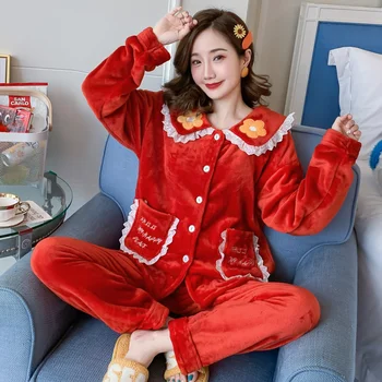 

2020 Autumn Winter Warm Pajamas Set Women Gold Velvet Thicken Women Pajama Sets Long Pant Set Ladies Thick flannel Sleepwear Set