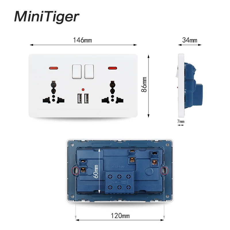 Minitiger Золотая настенная розетка 2 банды Универсальная 3 отверстия переключаемая розетка с неоновым 2.1A двойной USB зарядное устройство Порт светодиодный индикатор 146