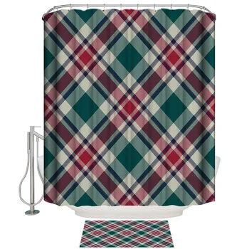 

Red And Green Plaid Shower Curtain Set Waterproof Fabric