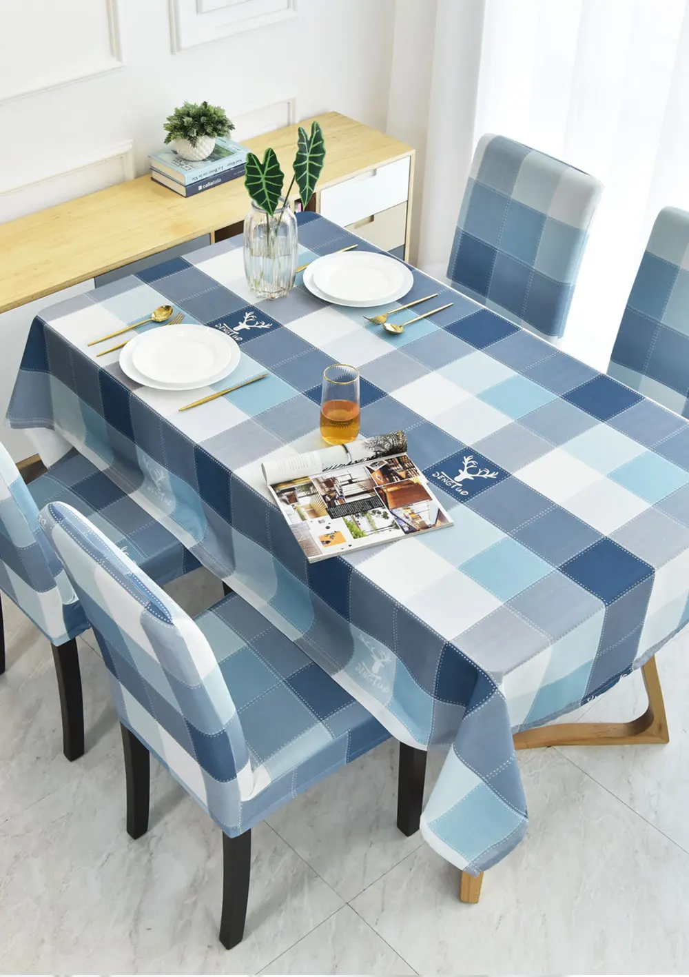 MENGERMEI Blue Grid Deer Graphic Tablecloth Cushion Cover Table Cover Dustproof Cloth Decor Furniture Dustproof Cover Home Hotel